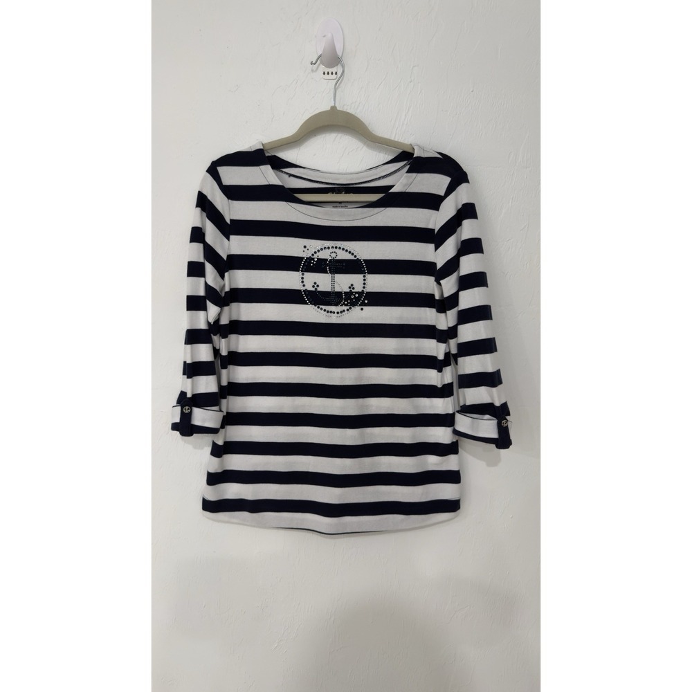 Palm Grove Navy White Striped Anchor‎ Rhinestone 3/4 Sleeve Top Size M